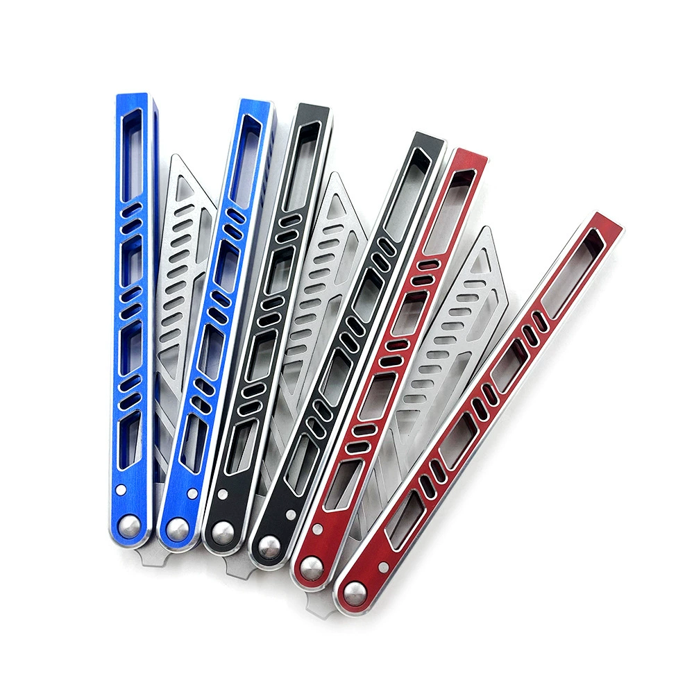 Blue, red, and black aluminum butterfly knife trainers