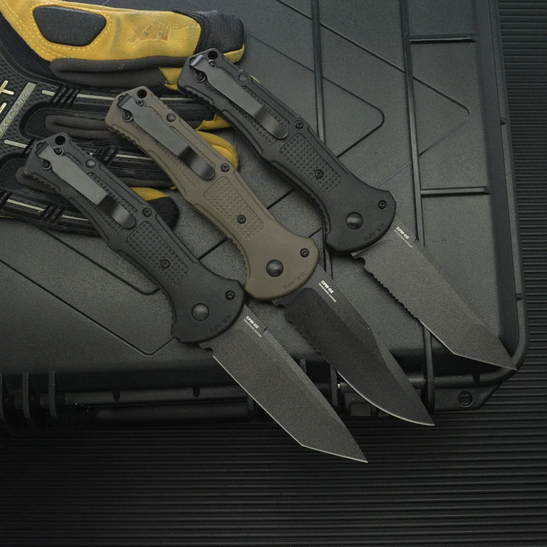 Three folding knife configurations shown open with pocket clips visible