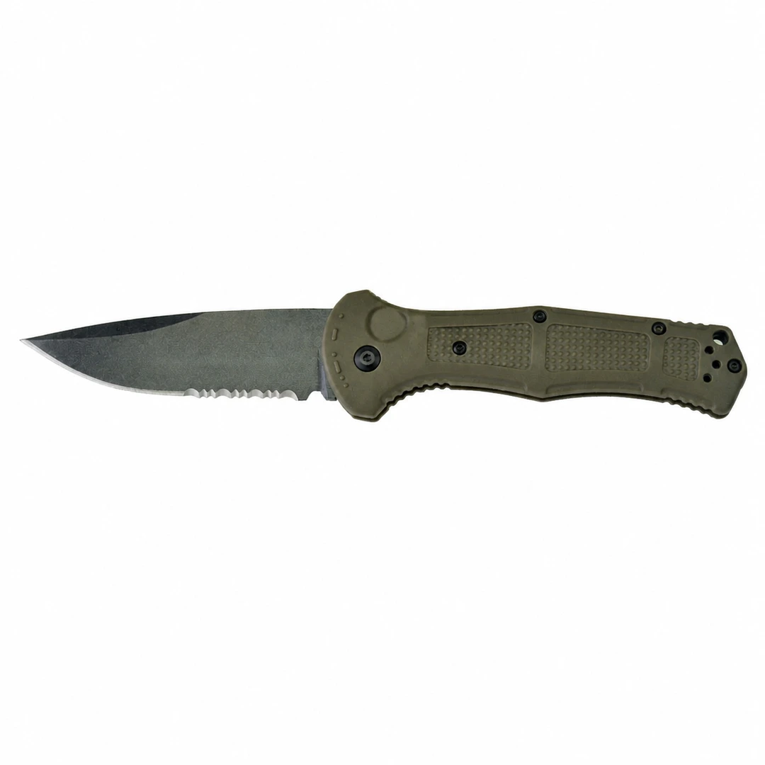 Army green spear-point folding knife with a partially serrated edge