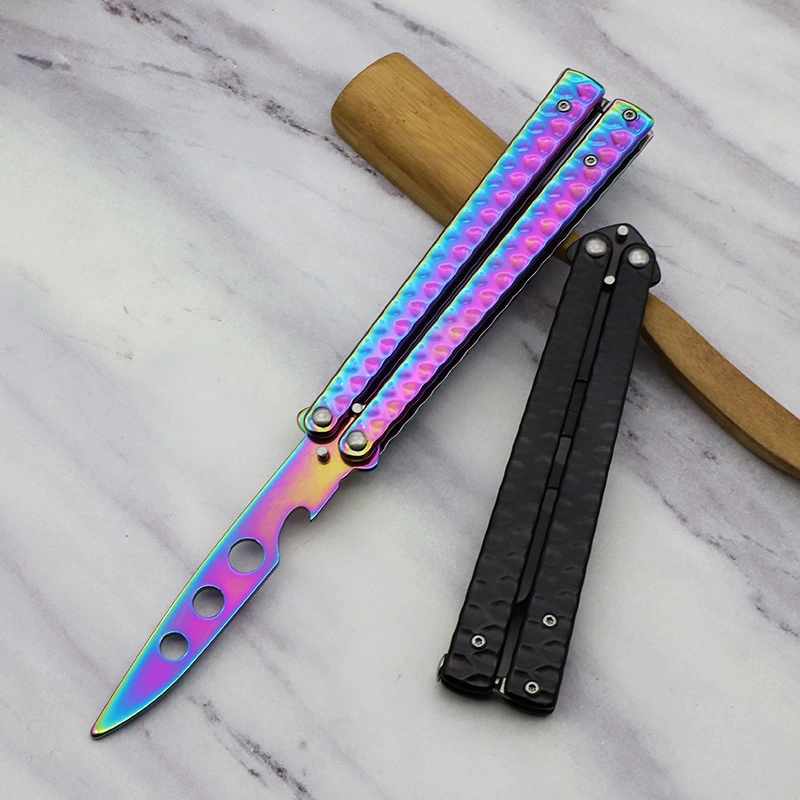 Rainbow and black B10 butterfly knife trainers displayed together