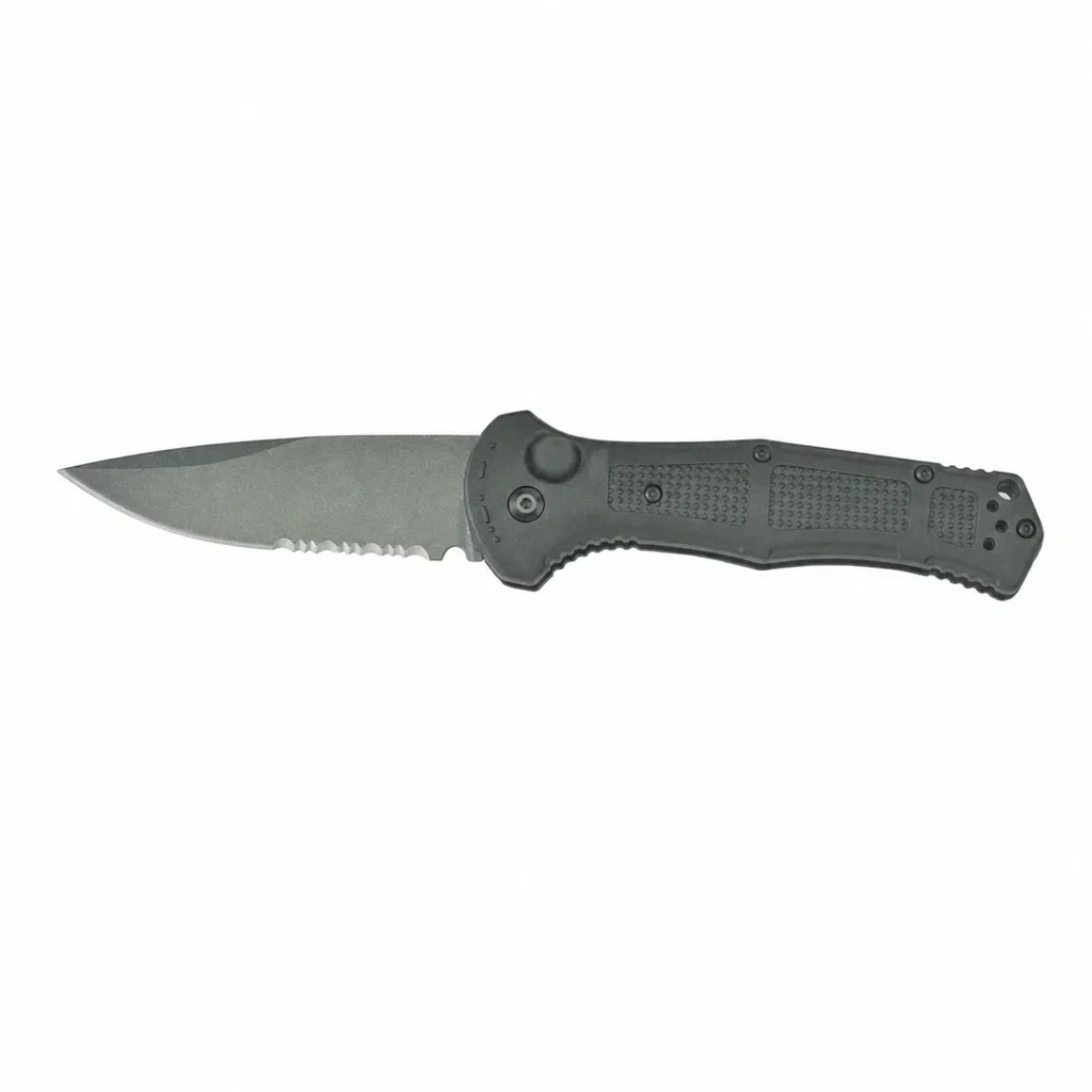 Black spear-point folding knife with a partially serrated edge