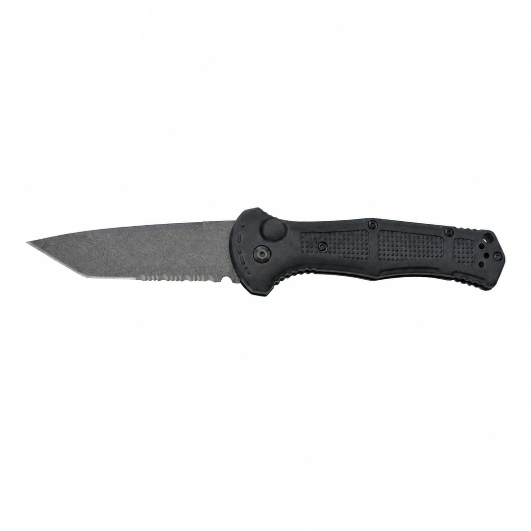 Black tanto-point folding knife with a partially serrated edge
