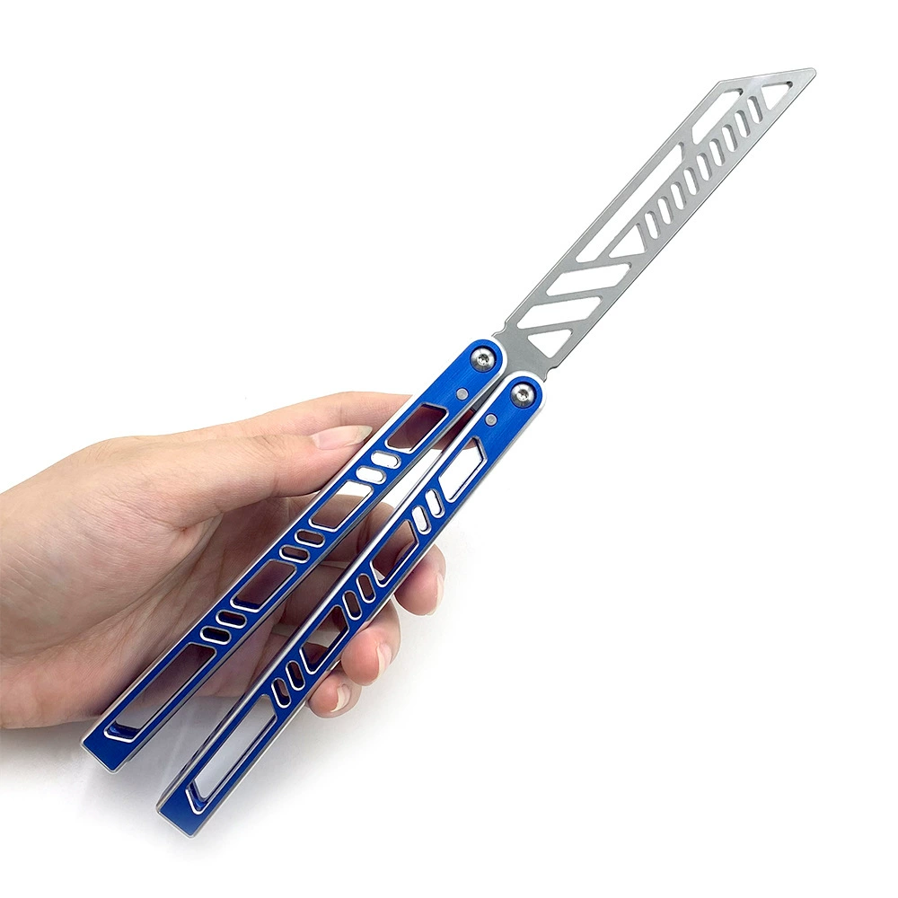 Blue aluminum butterfly knife trainer held in hand
