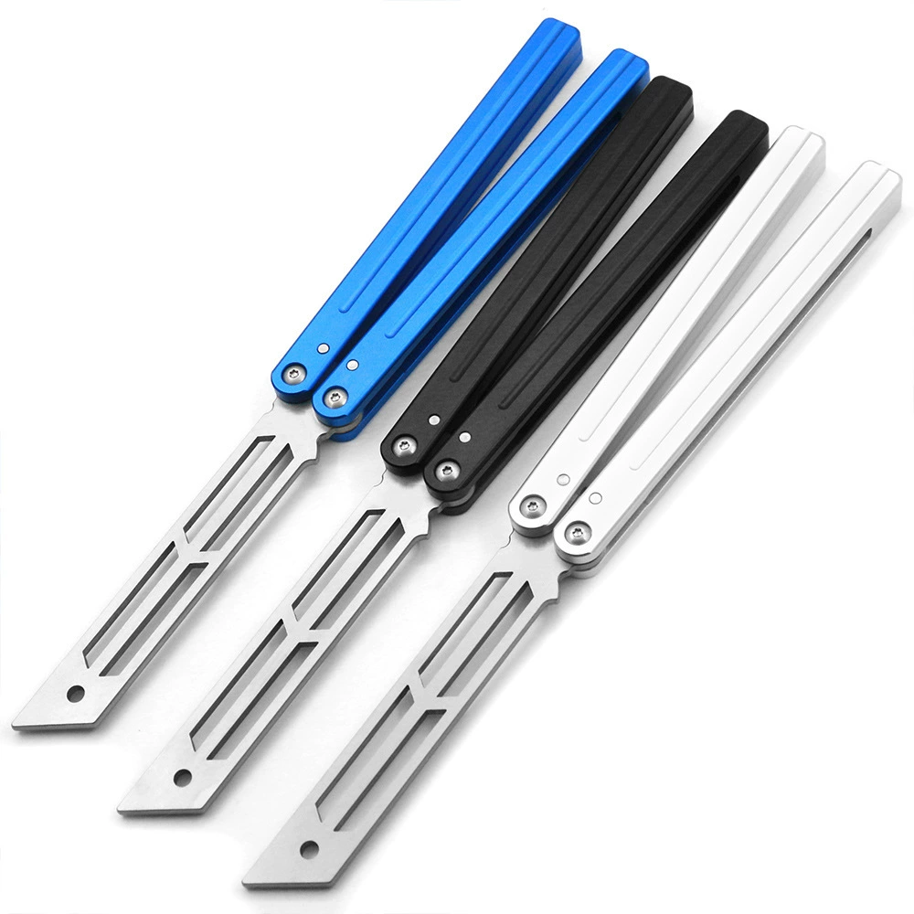 Blue, black, and silver unsharpened butterfly knife trainers