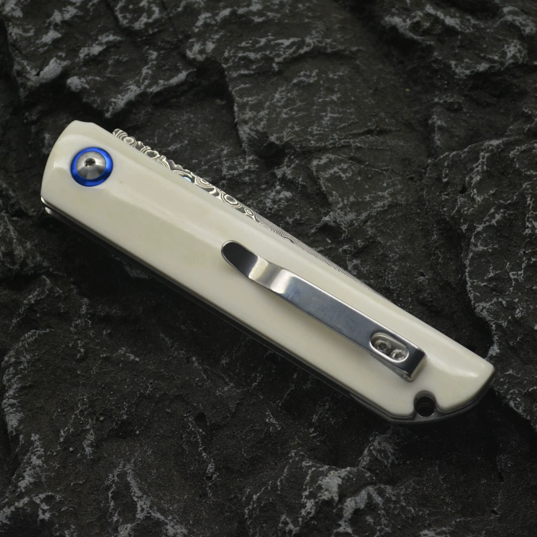 Closed bone-handle folding knife with metal pocket clip