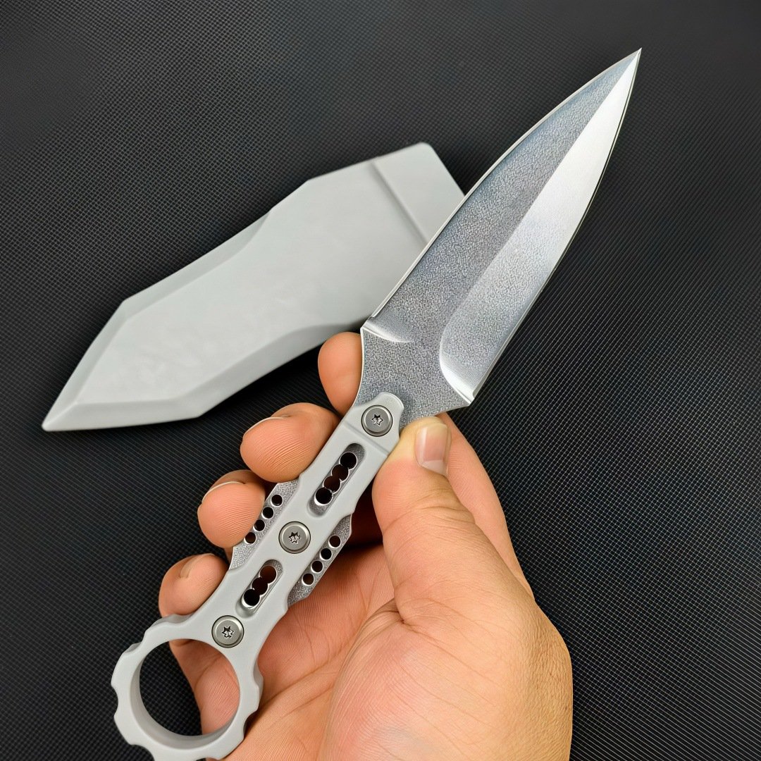 D2 Steel Ring-Handle Fixed Blade Knife - White