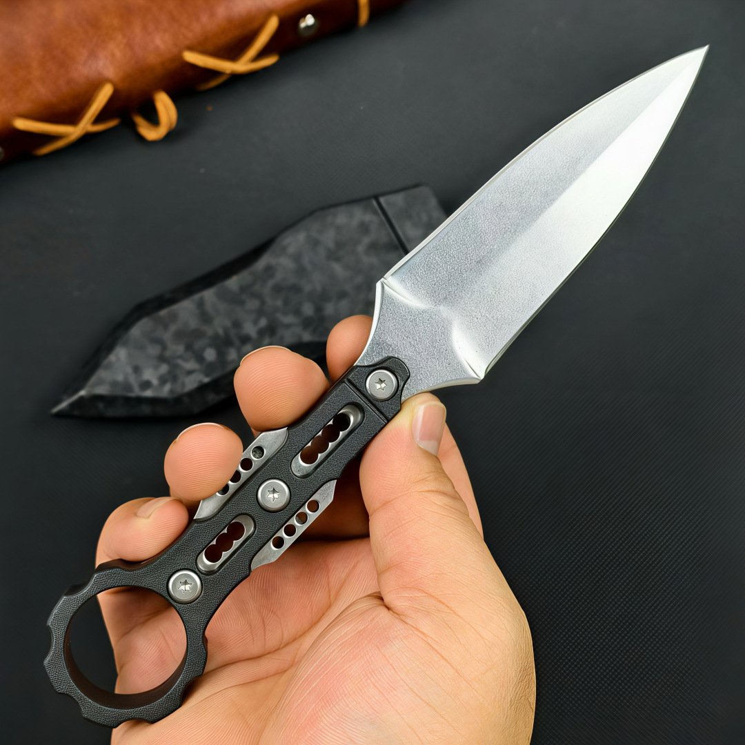 D2 Steel Ring-Handle Fixed Blade Knife - Black