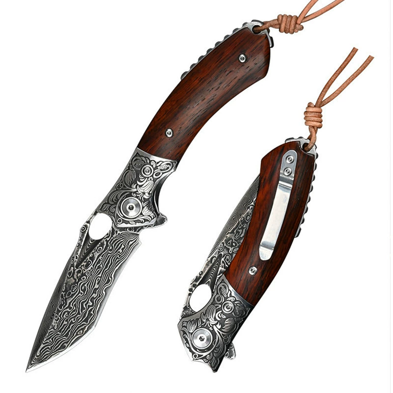 Damascus steel folding knife with wood handle shown open