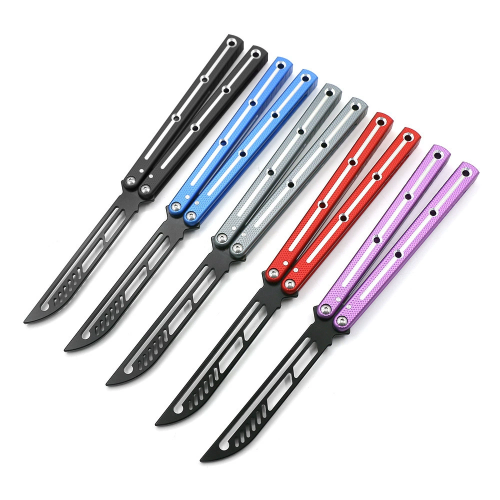 Five grooved-handle butterfly knife trainers in assorted colors