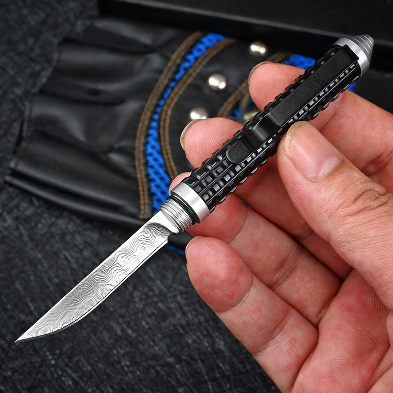Mini Damascus steel pen knife with D-head blade