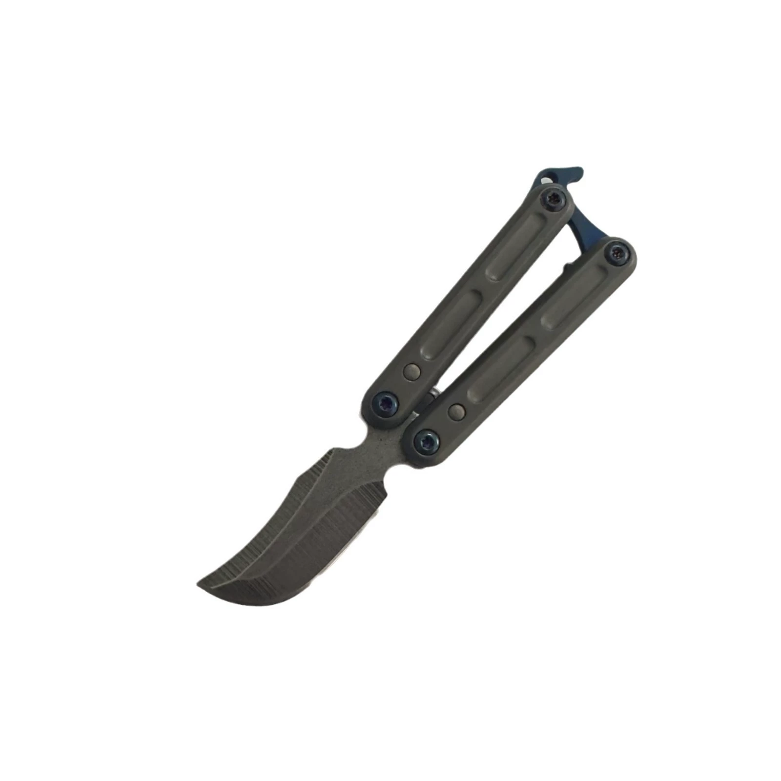 Mini stainless steel butterfly knife shown open
