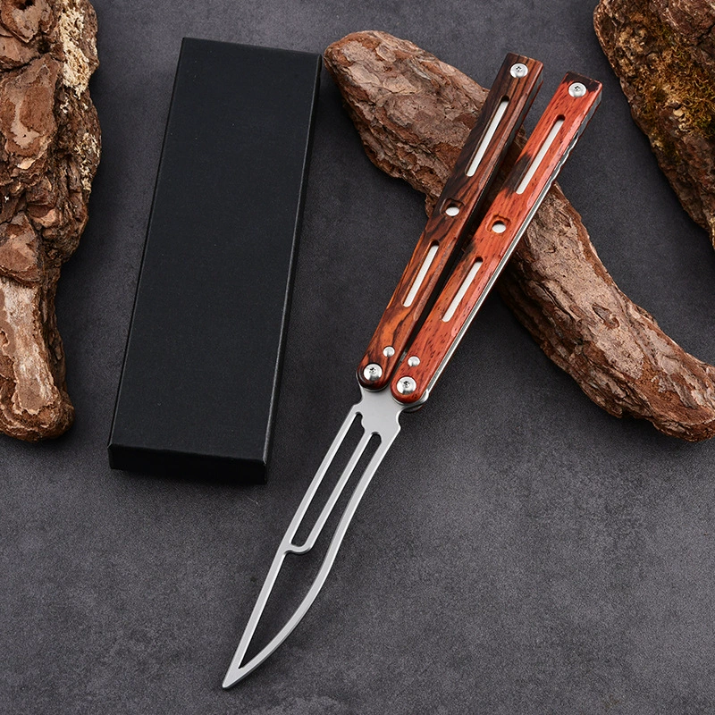 Wood-handle butterfly knife trainer shown open